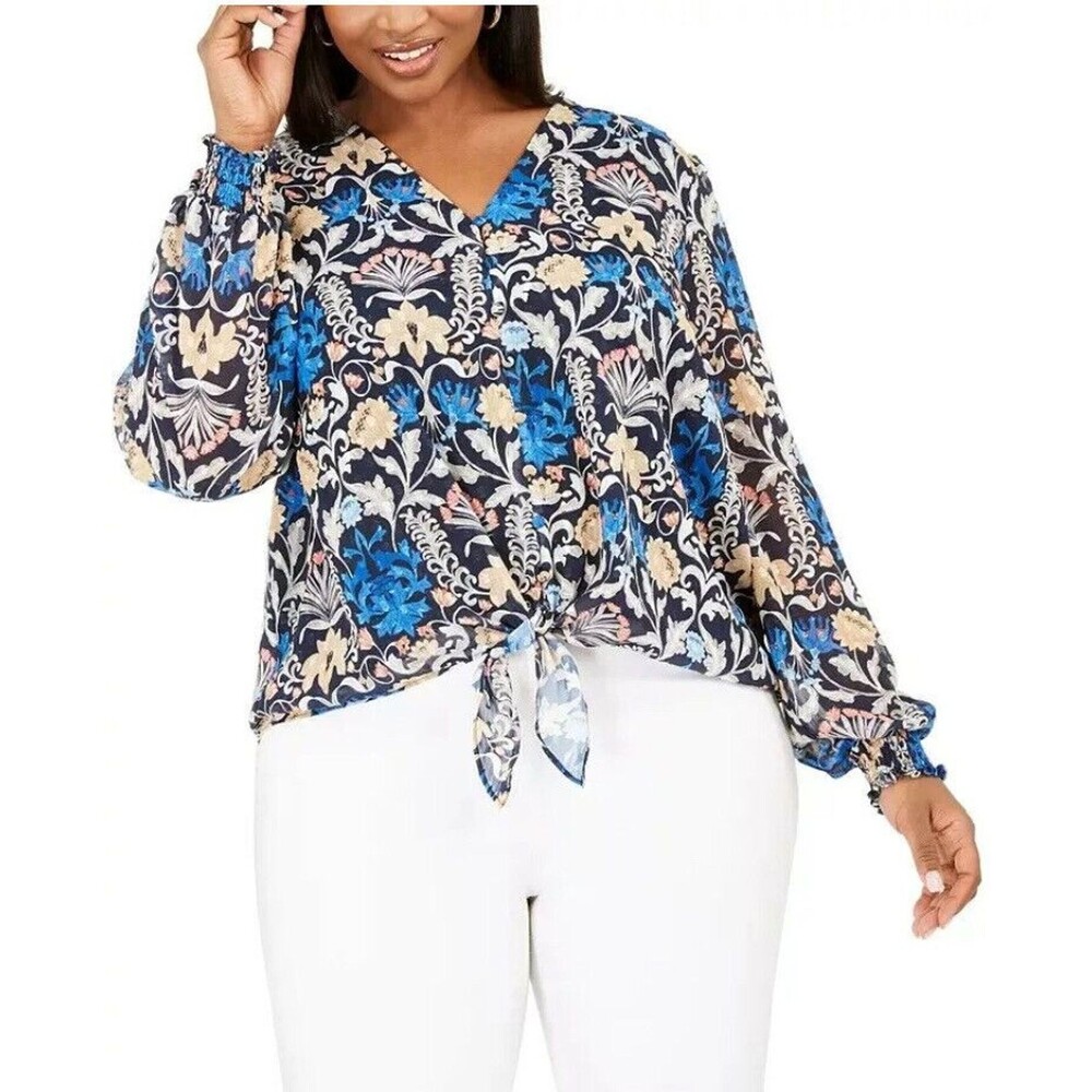 INC Blouse Brit  Plus Size 3X Blue Button Up Floral Tie Hem Long Mock Sleeves